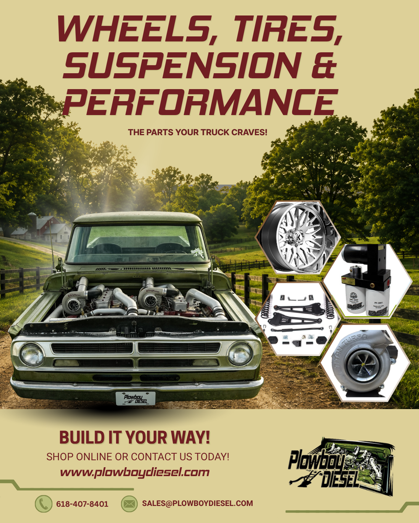 Plowboy Diesel graphic headlined Wheels, Tires, Suspension and Performance, showing a twin-turbocharged classic Dodge pickup alongside a forged wheel, a suspension kit, a FASS lift pump and a Fleece turbocharger