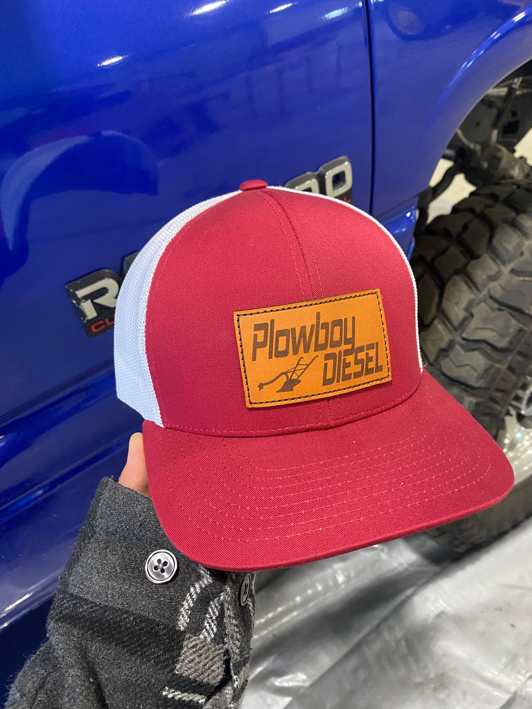 Red/ White Leather Plowboy Patch Hat